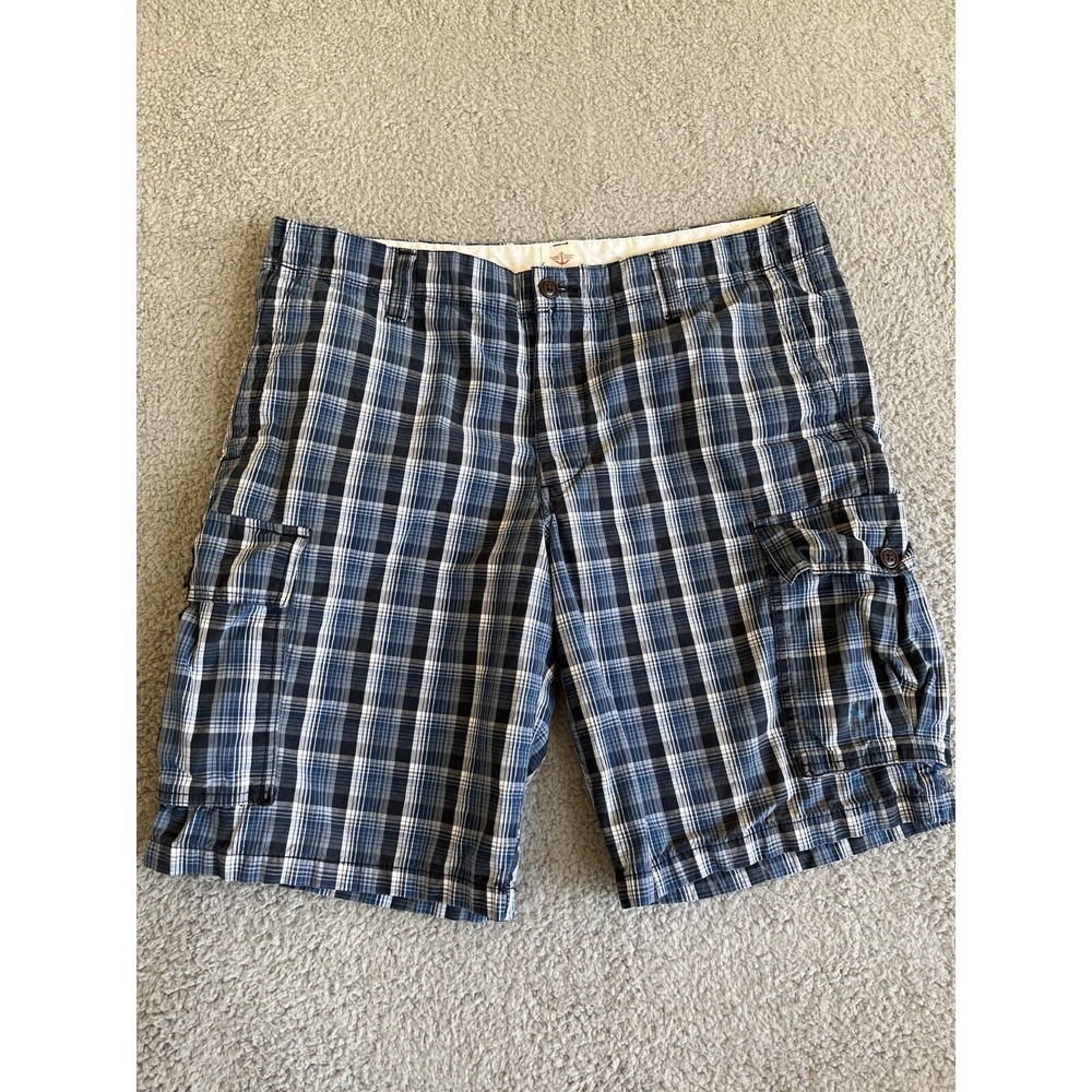 Dockers Mens Plaid Cargo Shorts Sz 36 Blue‎ White Preppy Casual Outdoor Everyday